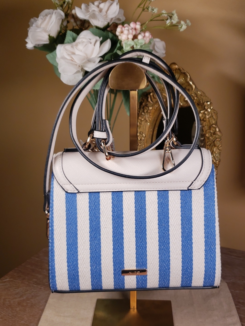 ALDO Blue & White Striped Satchel Crossbody w/ Gold Lion & Chain Accent NWT! - Picture 6 of 11